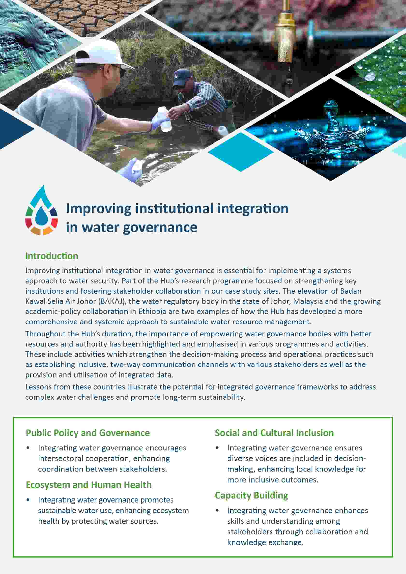 Image of document front cover with text 'Improving institutional integration in water governance'